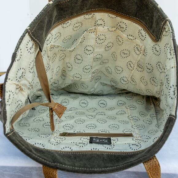 Women's Large Tote MYRA BAGS Cowhide Blue Geometric Purse Removable Strap - Picture 6 of 8